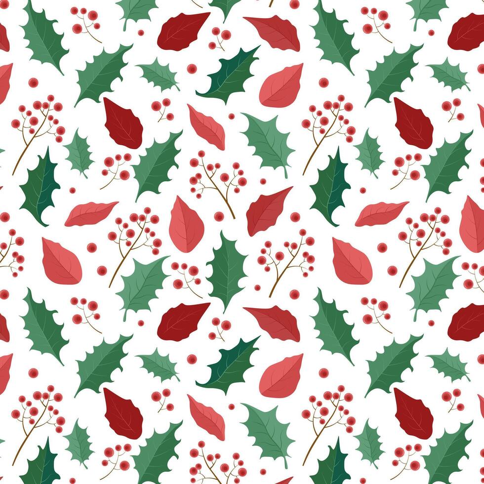 pattern of poinsettia leaves and flowers with red berries on a branch vector