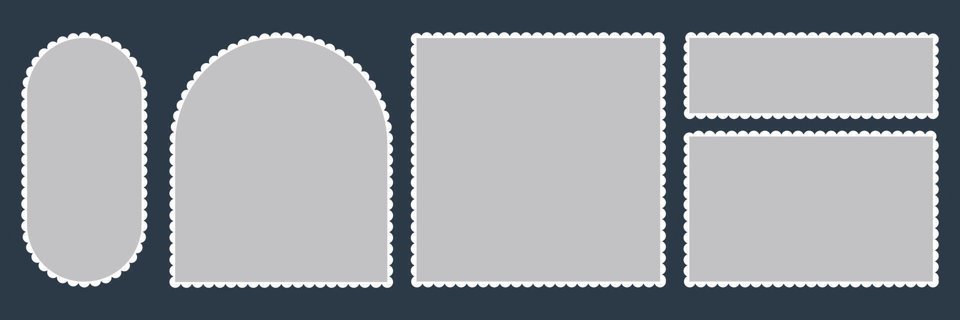 Set of Postage stamp collection. Post stamp frame or border. Jagged wavy edge forms. vector