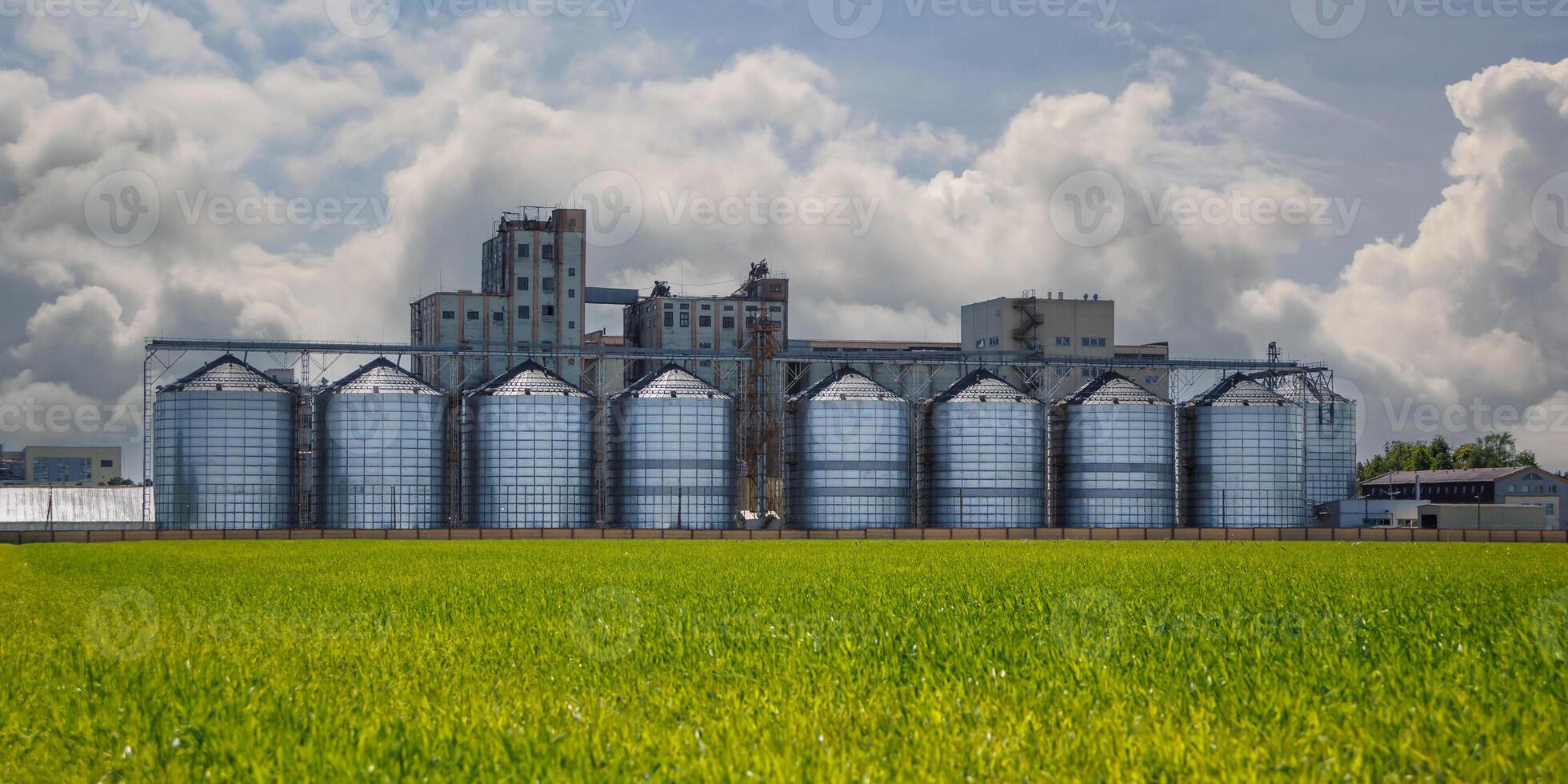 silos granary elevator on agro-industrial complex with seed cleaning and drying line for grain storage photo