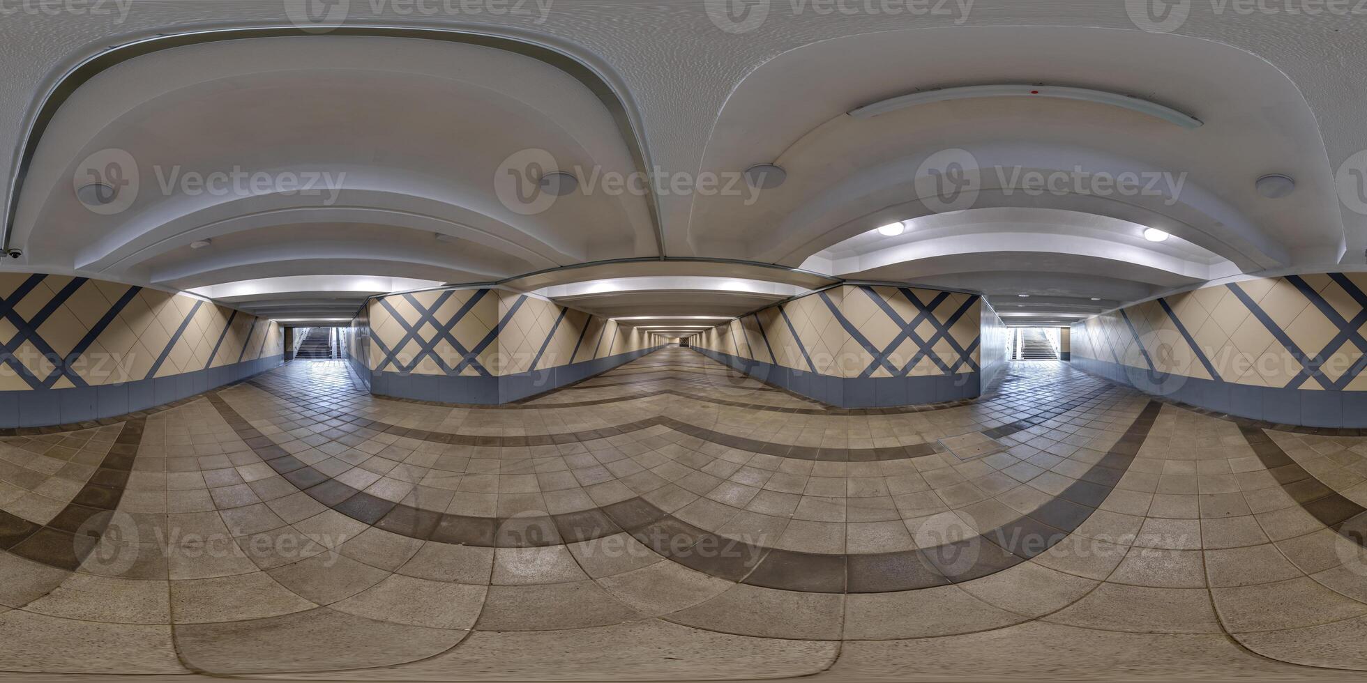 hdri 360 panorama view on pedestrian footpath inside long corridor of underground tunnel in equirectangular spherical seamless projection. VR AR content photo
