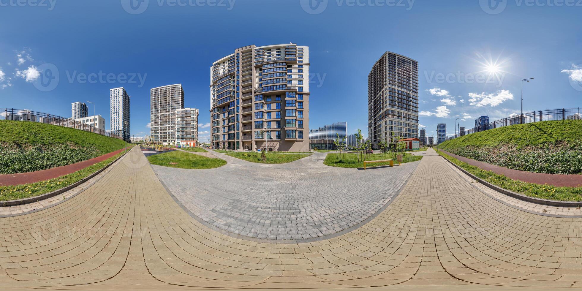 hdri 360 panorama near skyscraper multistory buildings of residential quarter complex in full equirectangular seamless spherical projection photo