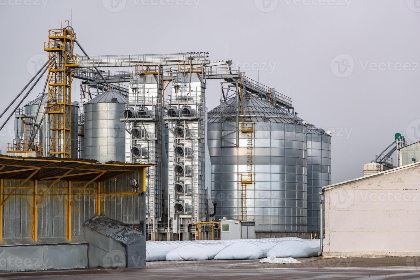 silos on agro-industrial complex with seed cleaning and drying line for grain storage photo