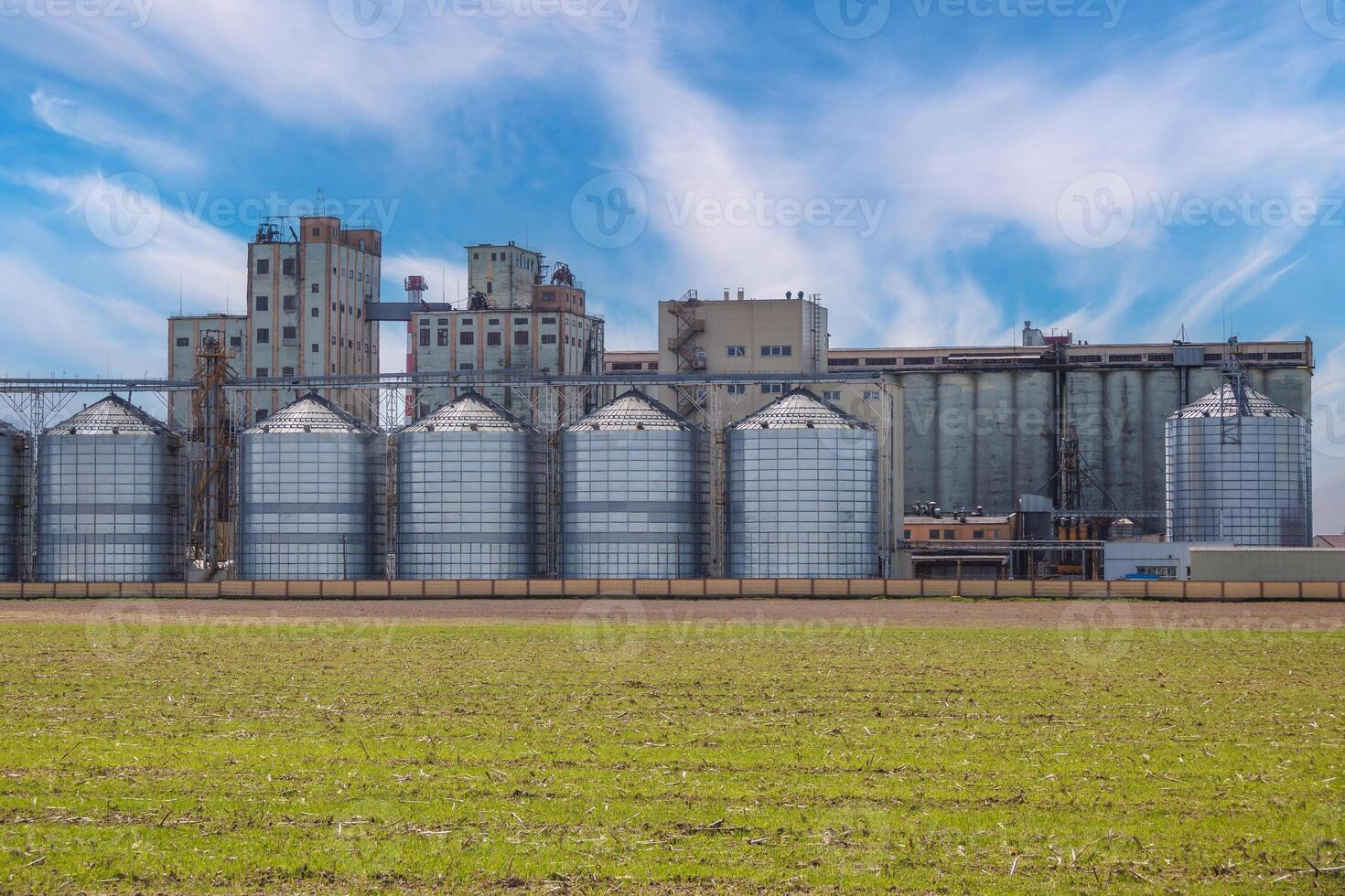 silos granary elevator on agro-industrial complex with seed cleaning and drying line for grain storage photo