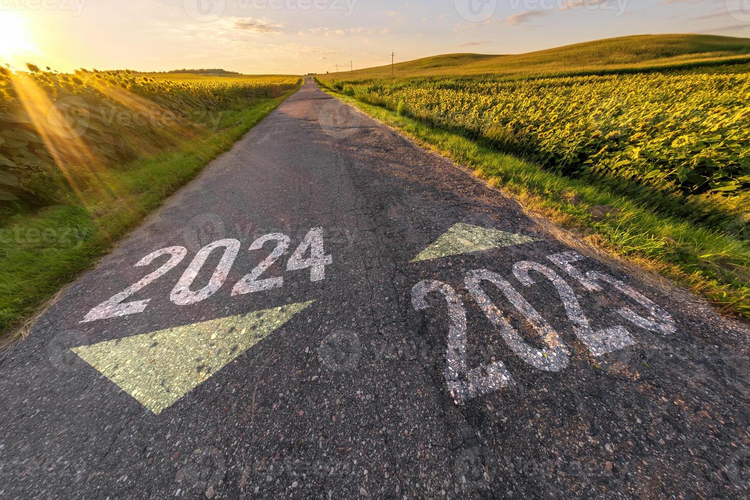 numbers 2024, 2025 on asphalt road highway with sunrise or sunset sky background. concept of destination in future, freedom, work start, run, planning, challenge, target, new year photo