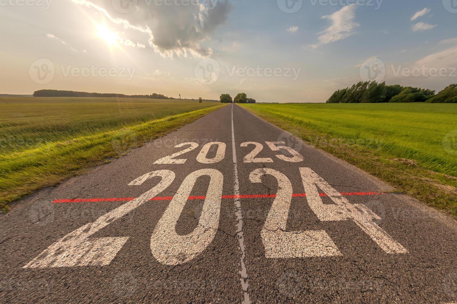 numbers 2024, 2025 on asphalt road highway with sunrise or sunset sky background. concept of destination in future, freedom, work start, run, planning, challenge, target, new year photo