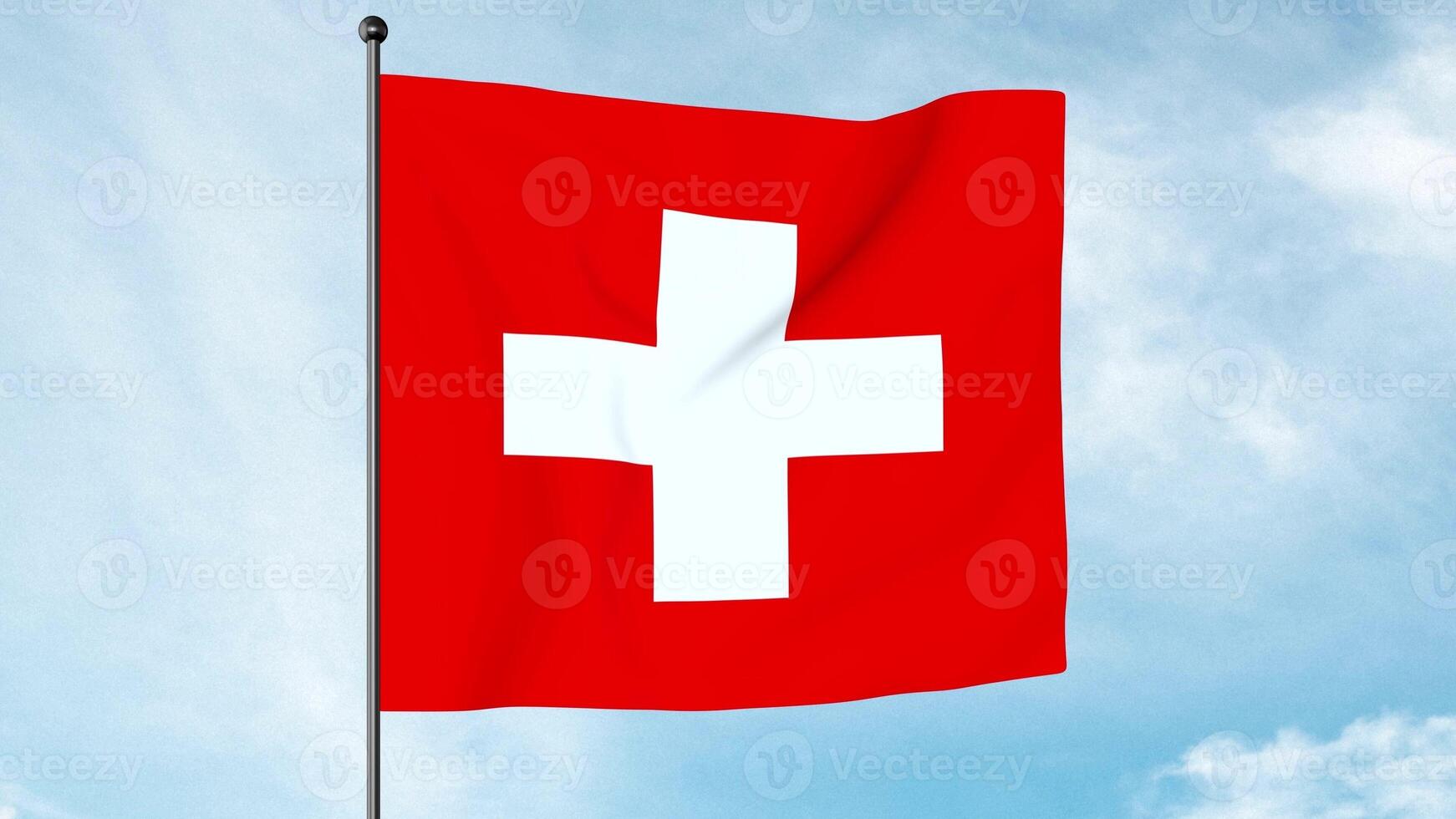 3D Illustration of The flag of Switzerland displays a white cross in the centre of a square red field. The white cross is known as the Swiss cross. photo