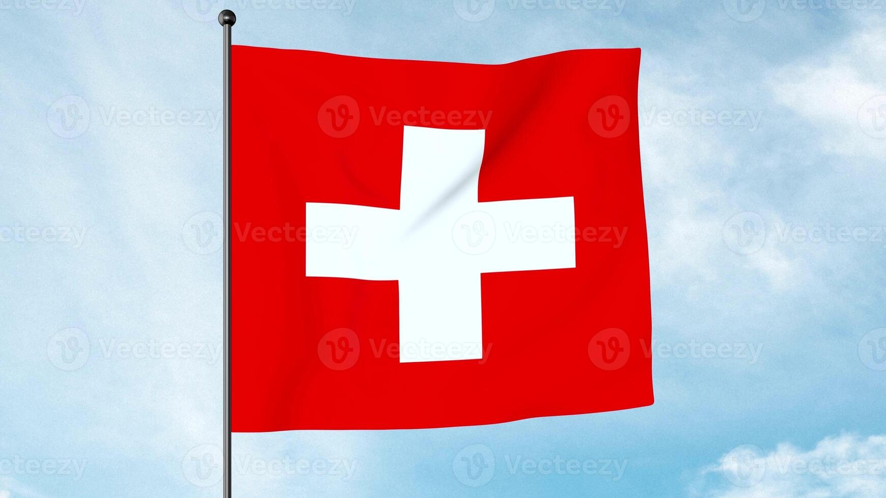 3D Illustration of The flag of Switzerland displays a white cross in the centre of a square red field. The white cross is known as the Swiss cross. photo