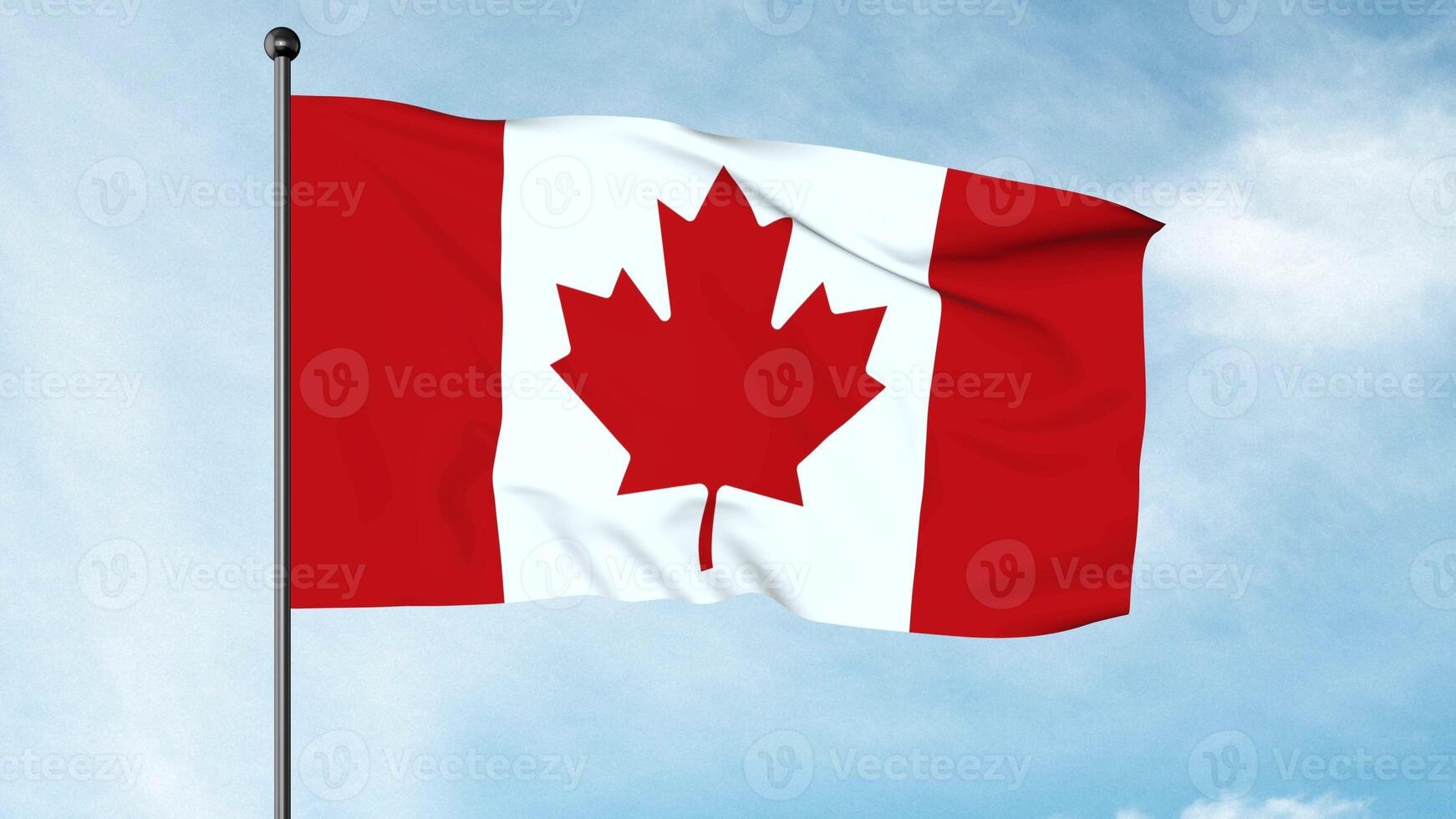 3D Illustration The National Flag of Canada, the Canadian flag, the Maple Leaf consists of a red field with a white square at its centre in the middle of which is featured a stylized photo