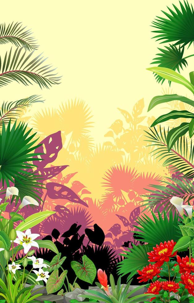 beautiful forest with tropical plant and flowers background vector