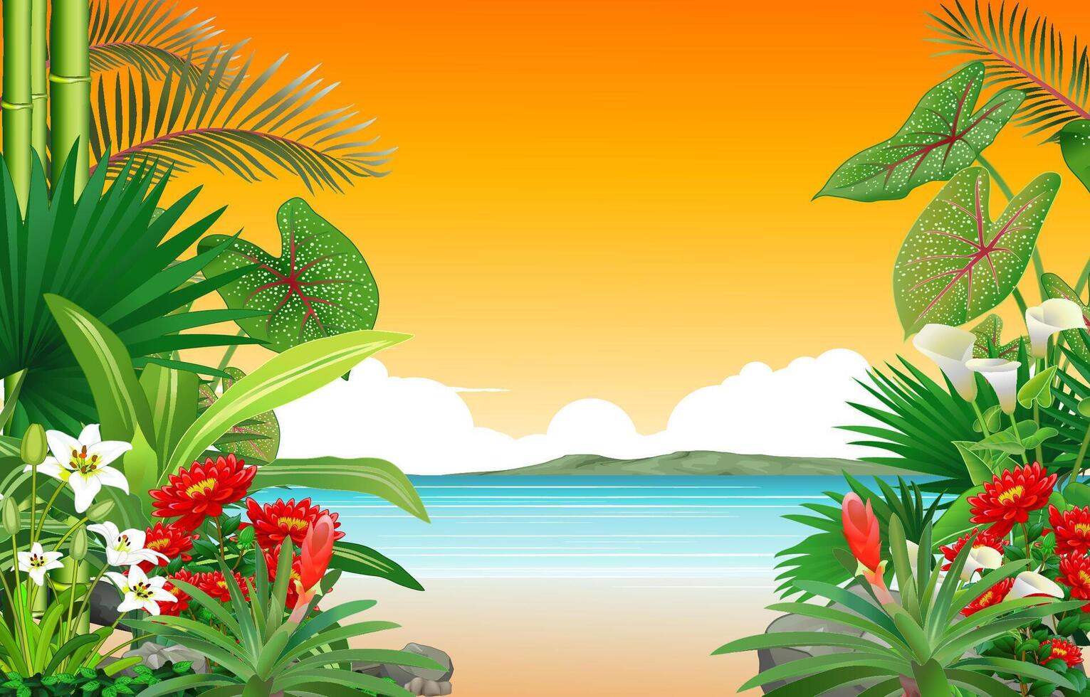 beautiful sunset with tropical plant and beach background vector