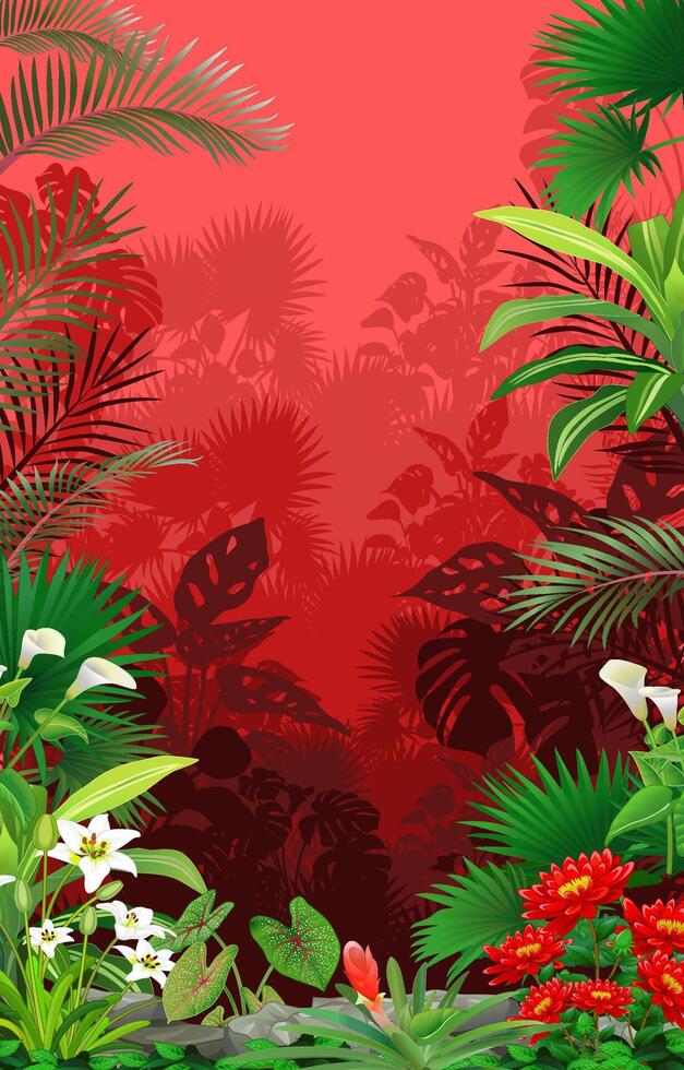 beautiful forest with tropical plant and flowers background vector