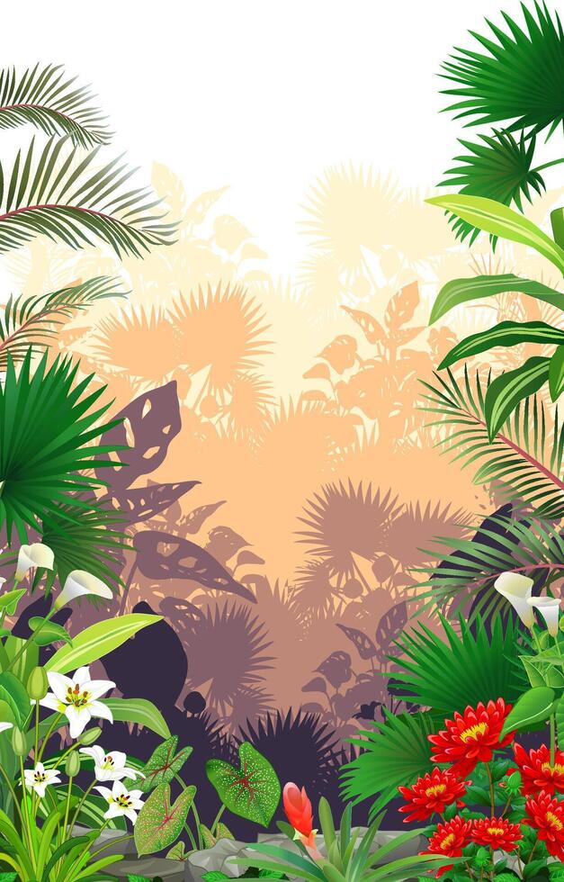 beautiful forest with tropical plant and flowers background vector