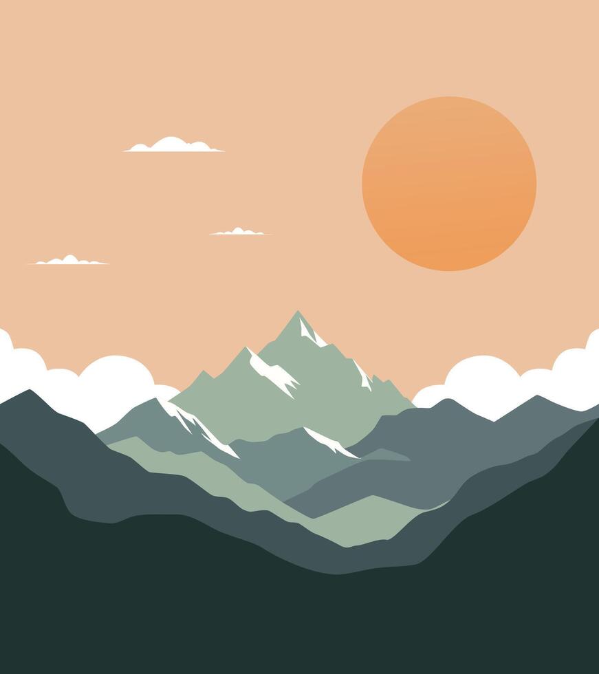 Background of Green Mountains with the Sun above. Aesthetic Design. Elegant Wall Decorations and Ornaments. vector