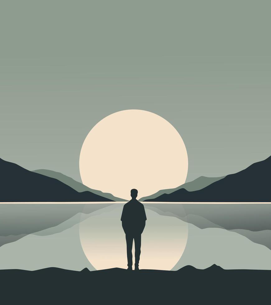 A Man Standing Alone Looking at the Lake. Aesthetic Design. Simple Wall Decorations and Decorations vector