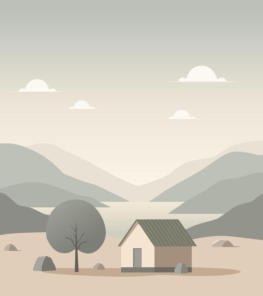 Aesthetic House Background Near Lakes and Mountains. Minimalist and simple design vector
