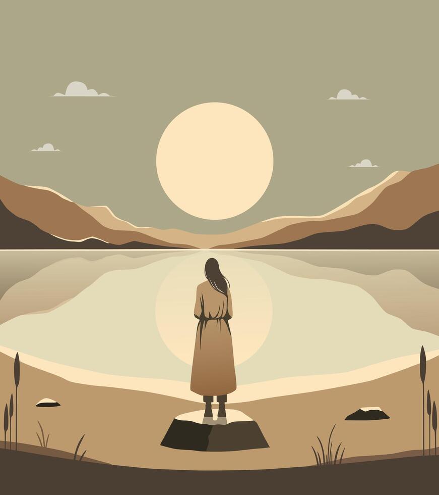 Background A woman standing on a rock looking at the lake in a warm atmosphere. design aesthetics. simple wall decorations and decorations vector