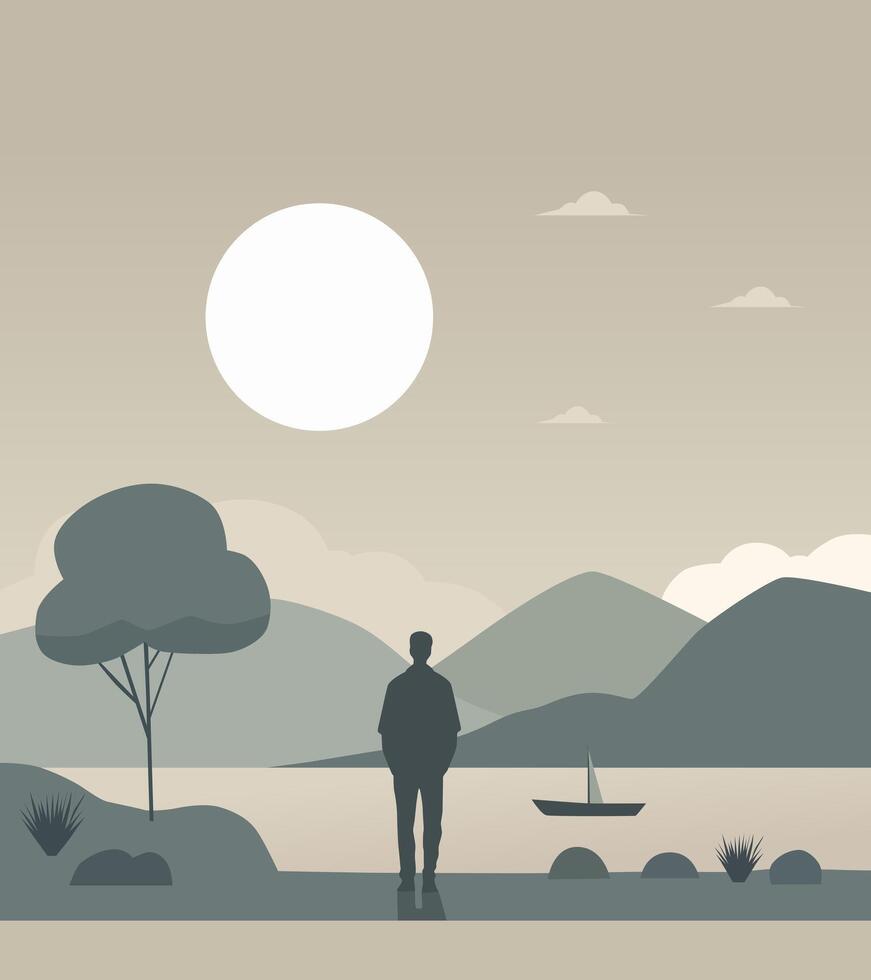 Background A man stands looking at the lake. Minimalist Design. Simple Wall Decor and Decoration vector