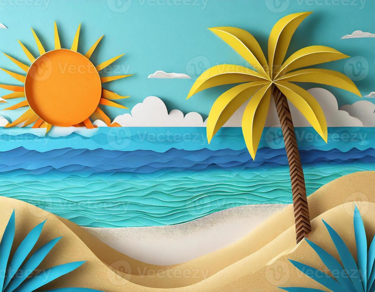 Tropical beach with blue ocean, palm tree, sand and sun, summer concept, paper art photo