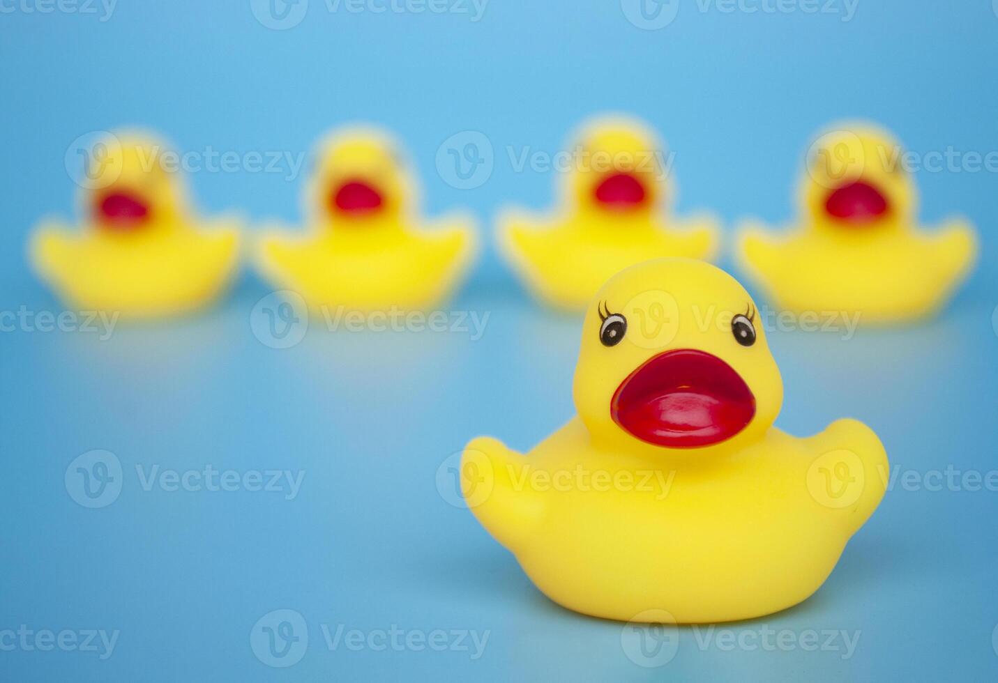 Close up of rubber duck with blur background of other rubber ducks. Leadership concept photo