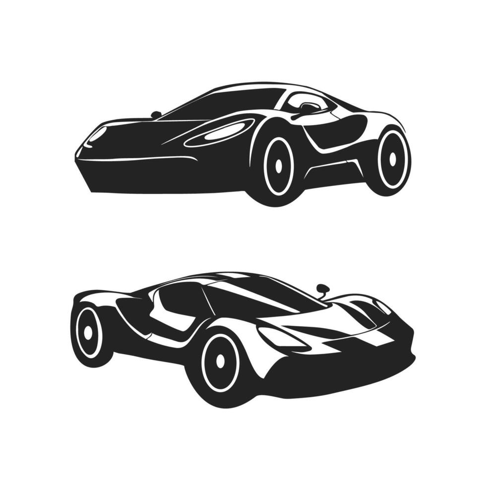Outline drawing of fast super car, sport car from side and front view. Sport car black line illustration isolated white background. vector