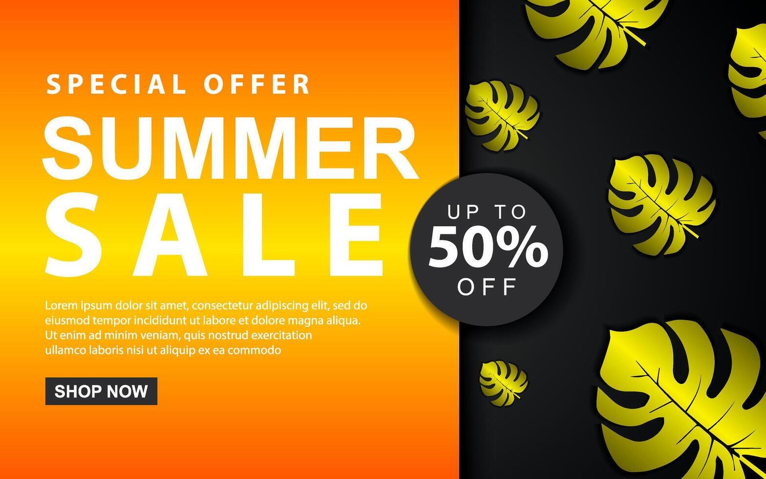 Summer sale banner with tropical leaves on background. Template for seasonal discounts. illustration. vector