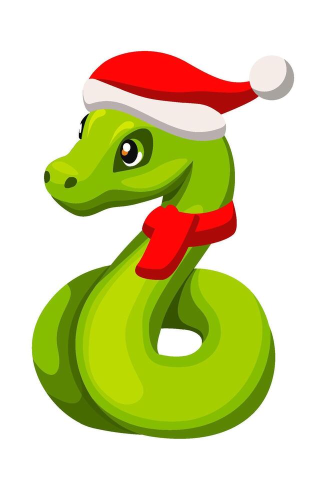 Cute green snake wearing Santa hat vector