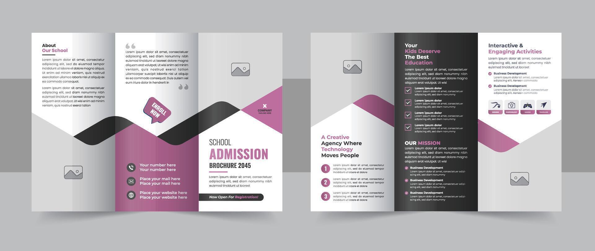 Kids back to school education trifold brochure, modern school admission trifold brochure design, kids academy brochure layout vector