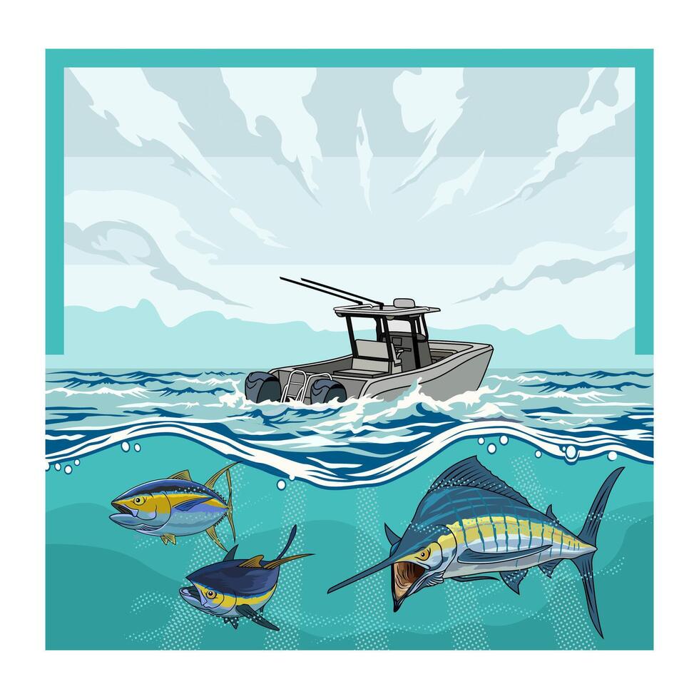 marlin sailfish boat fishing illustration logo image t shirt vector