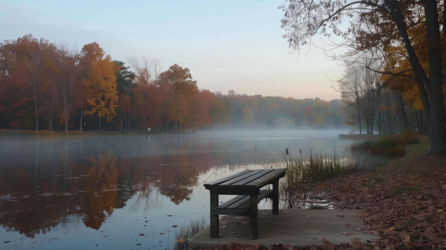 tranquil lakeside early morning mist rise photo