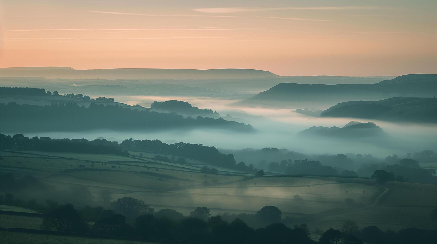sunrise over a misted valley and far-off hill photo