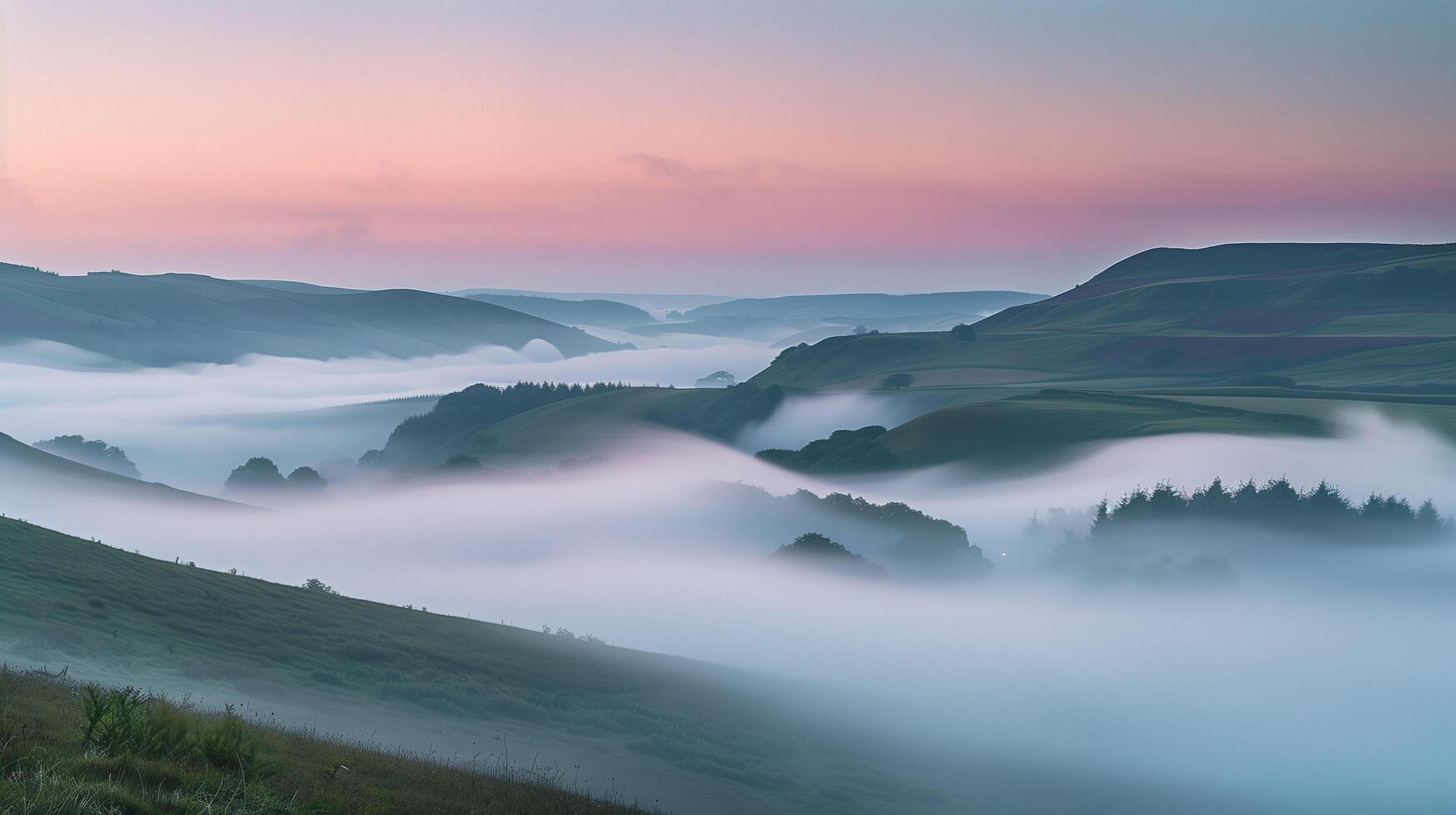 sunrise over a misted valley and far-off hill photo