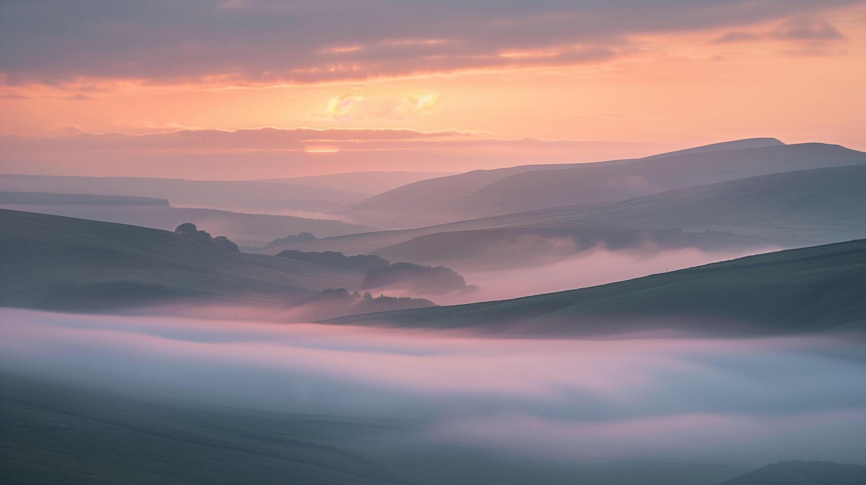 sunrise over a misted valley and far-off hill photo