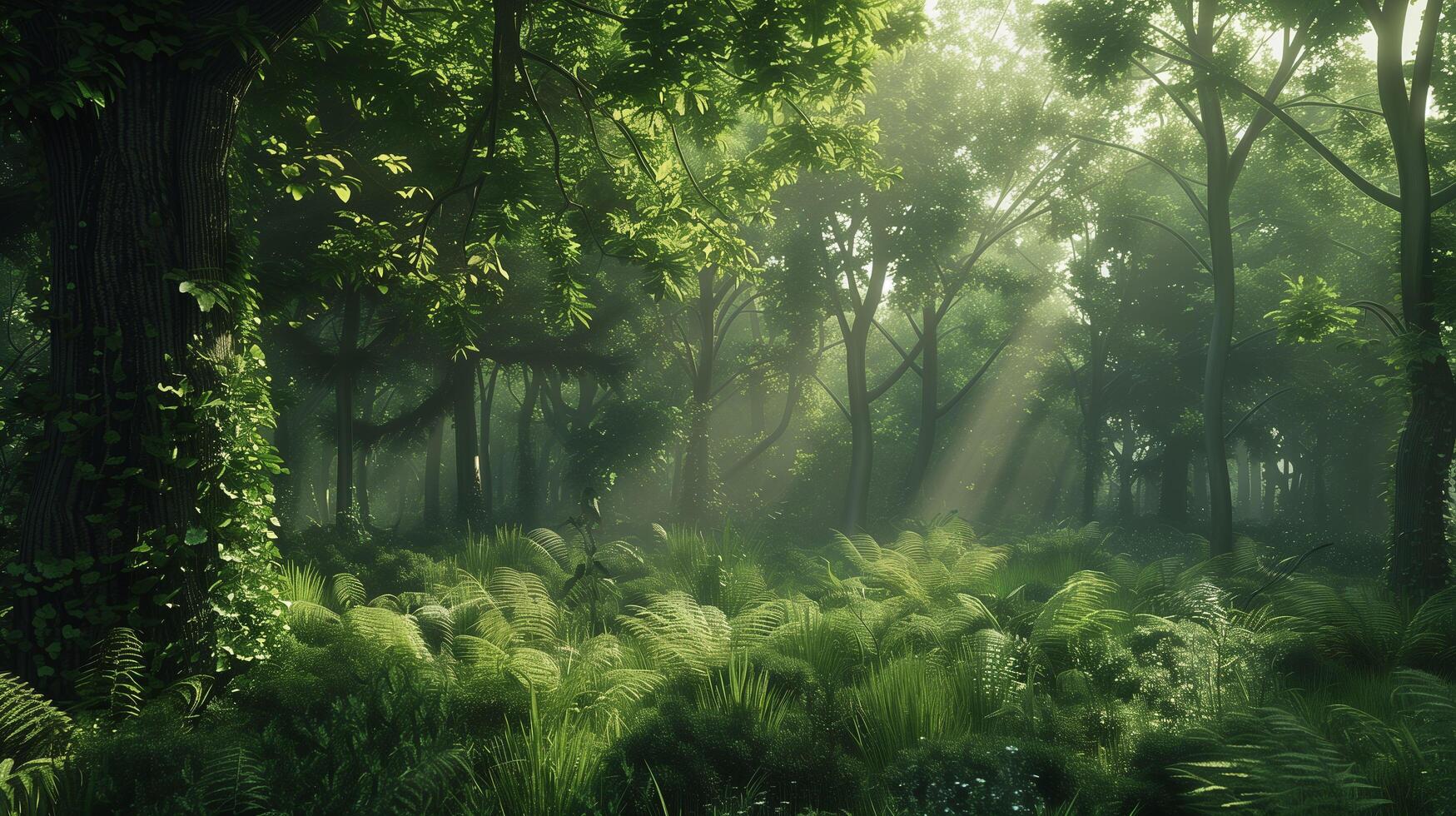 lush, verdant forest with light-letting trees photo