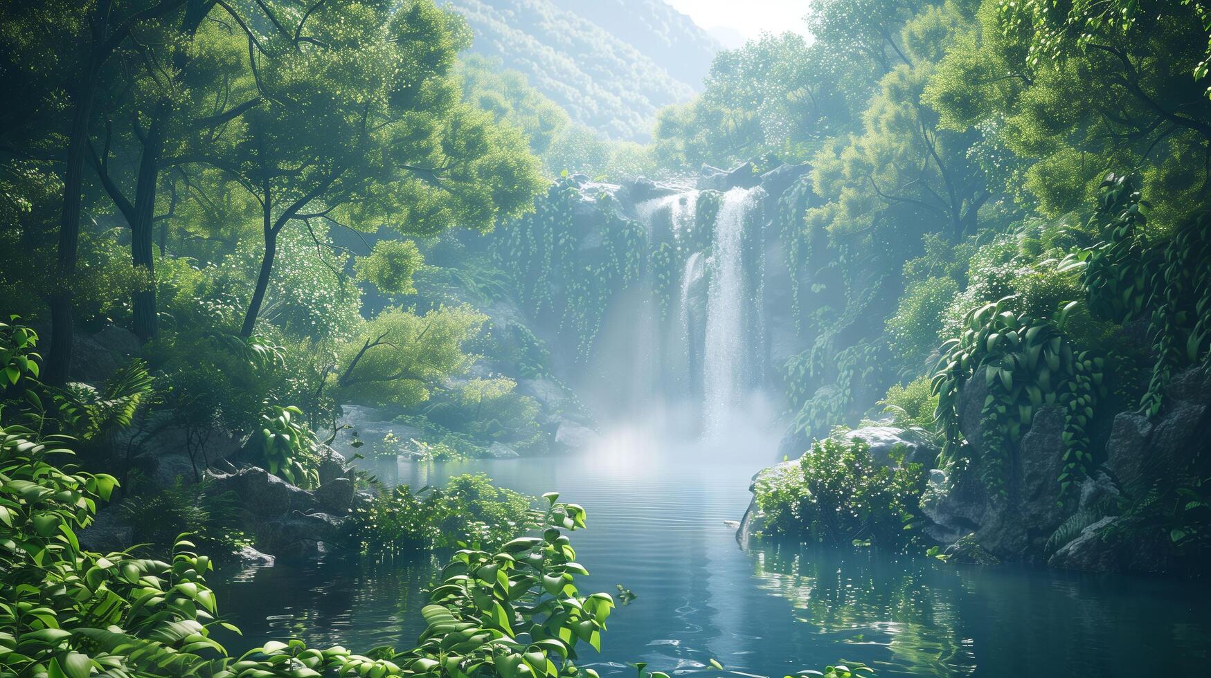 Beautiful waterfall cascading into a shimmering lake photo