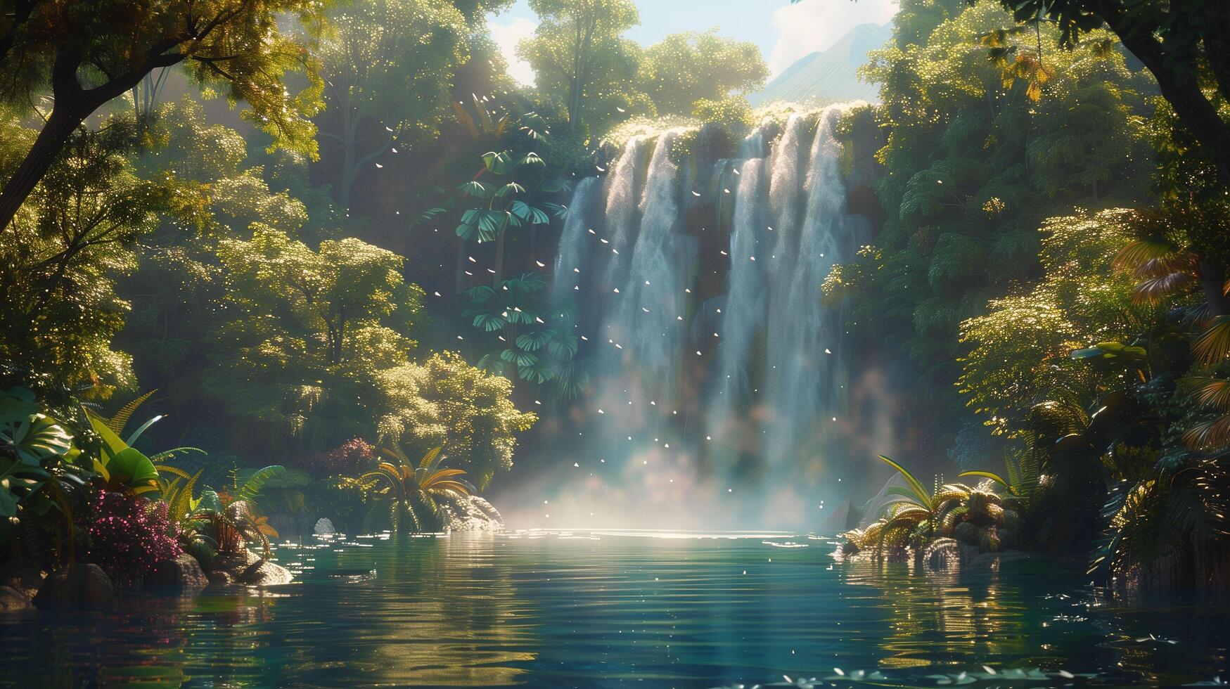 Beautiful waterfall cascading into a shimmering lake photo