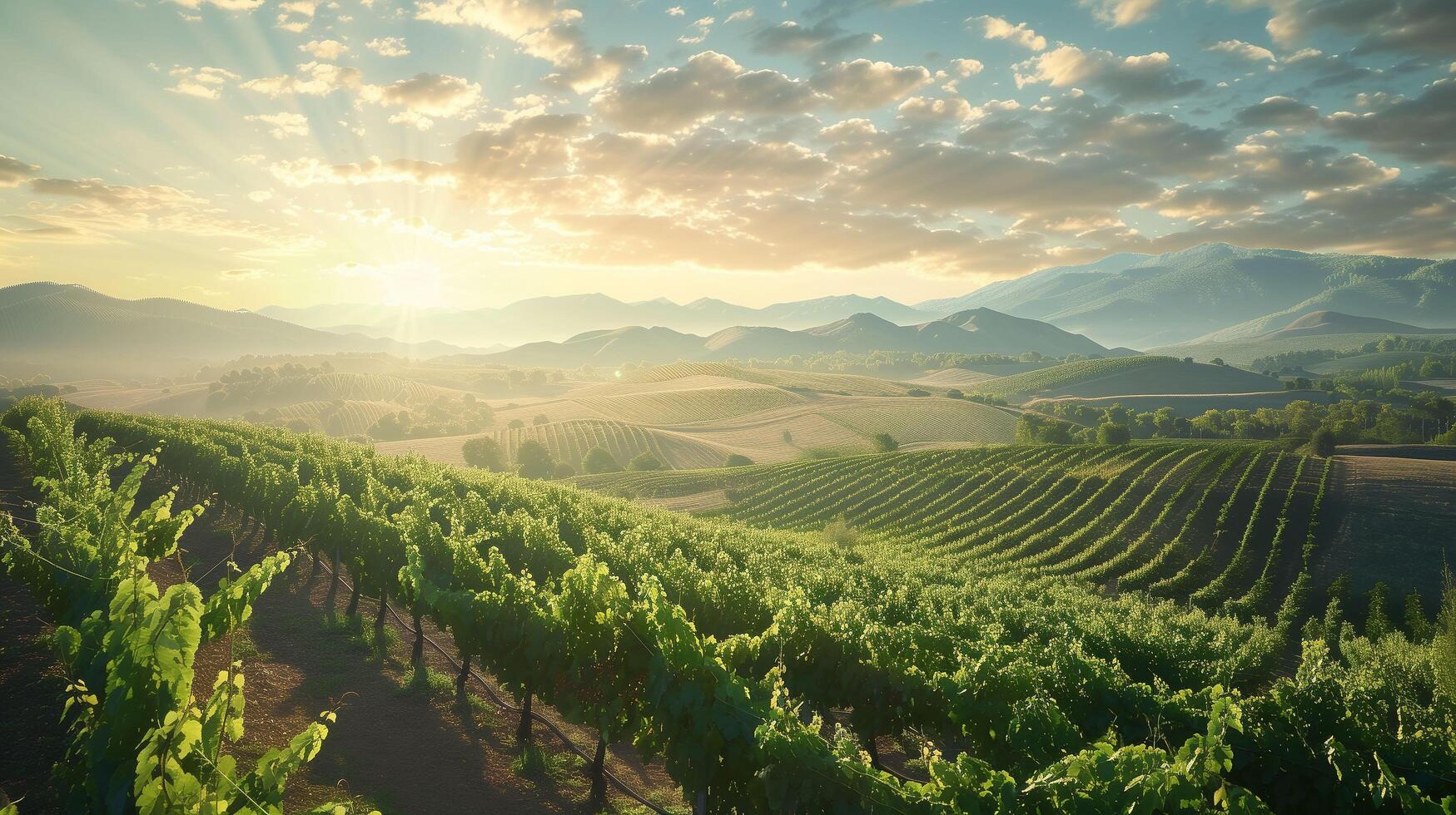 A vineyard bathed in sunlight in a stunning natural setting photo