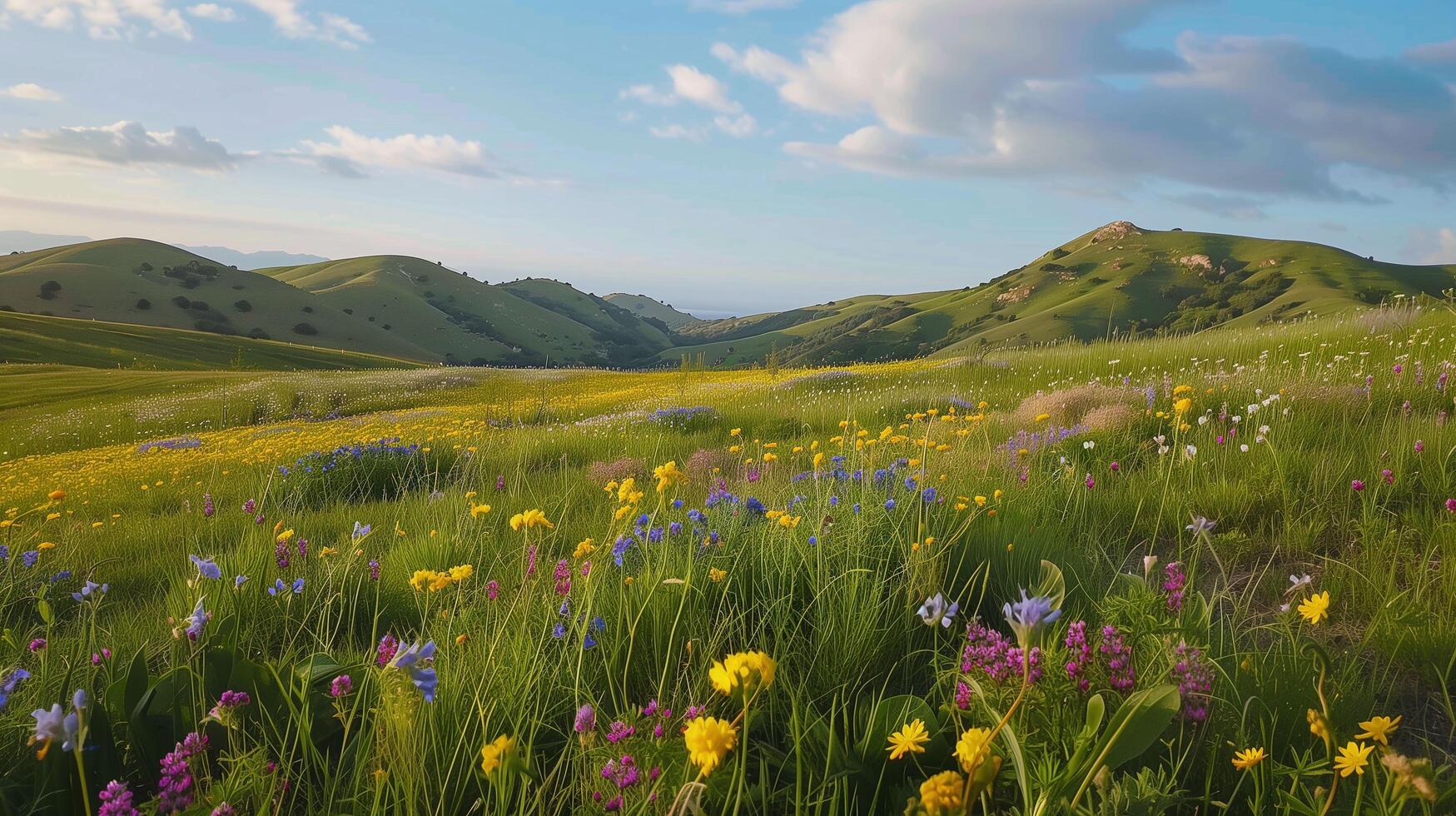 In spring, undulating hills blanketed in wildflowers photo