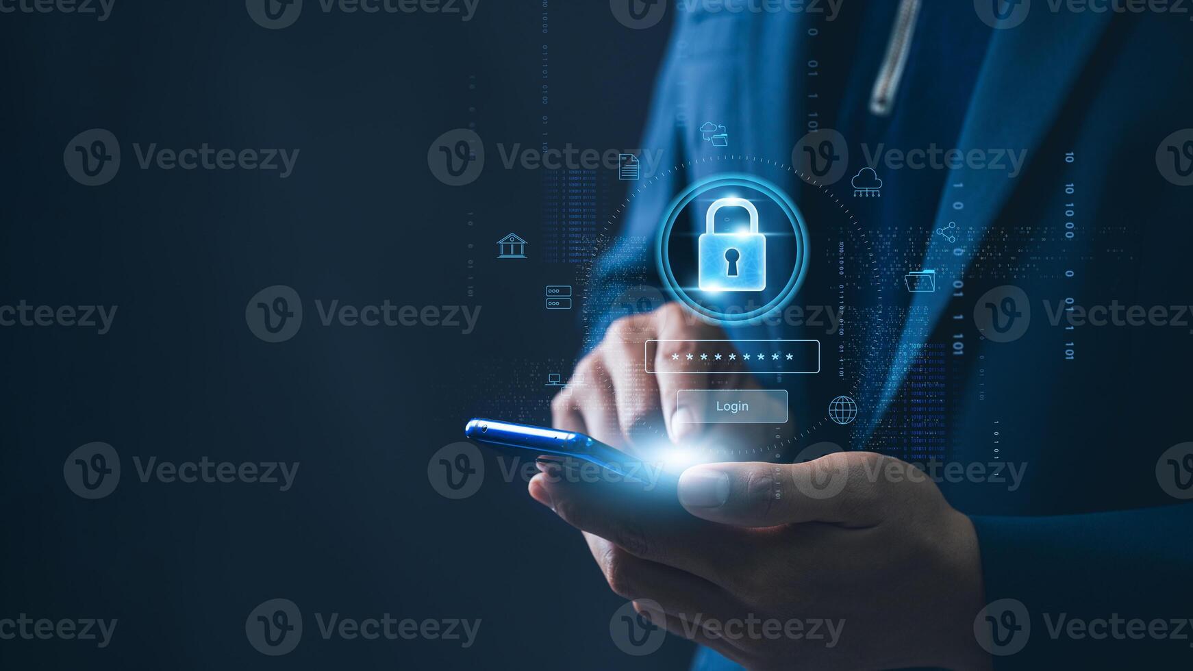 Cyber security and network data protection. Businessman protecting data personal information encryption with digital padlock on tablet and virtual interface. photo