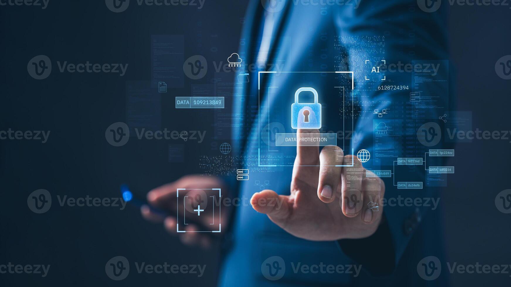 Cyber security and network data protection. businessman touch security padlock. smart solution from Ai tech cyber attack, innovation technology photo