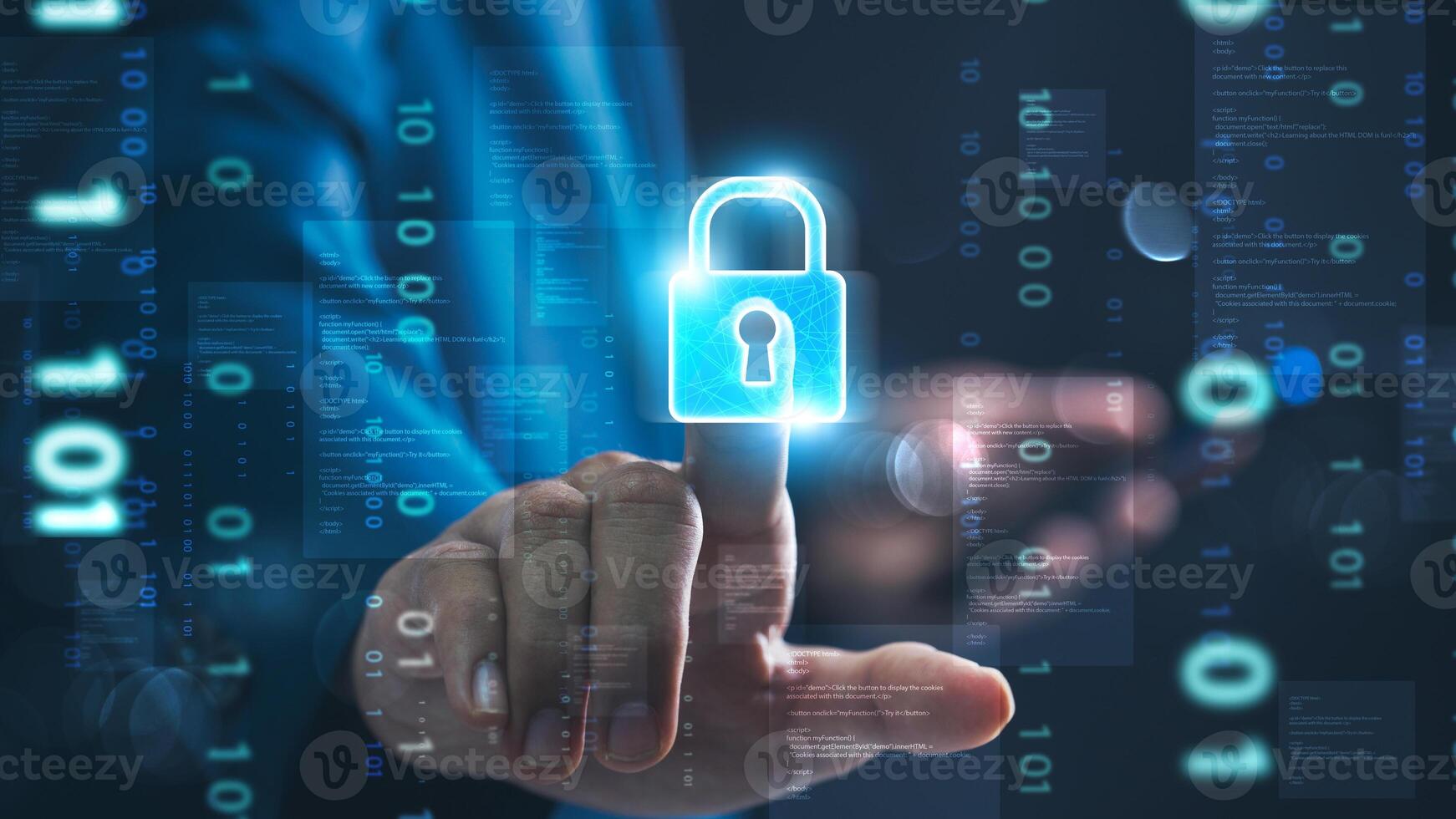 Cyber security and network data protection. businessman touch security padlock. smart solution from cyber attack, innovation technology photo