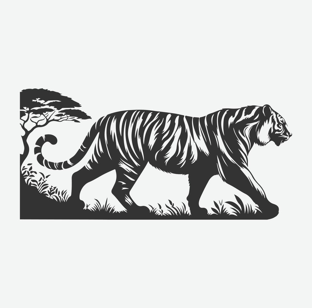 Majestic Tiger Silhouette with Intricate White Line Patterns, Perfect Art for Creative Projects vector