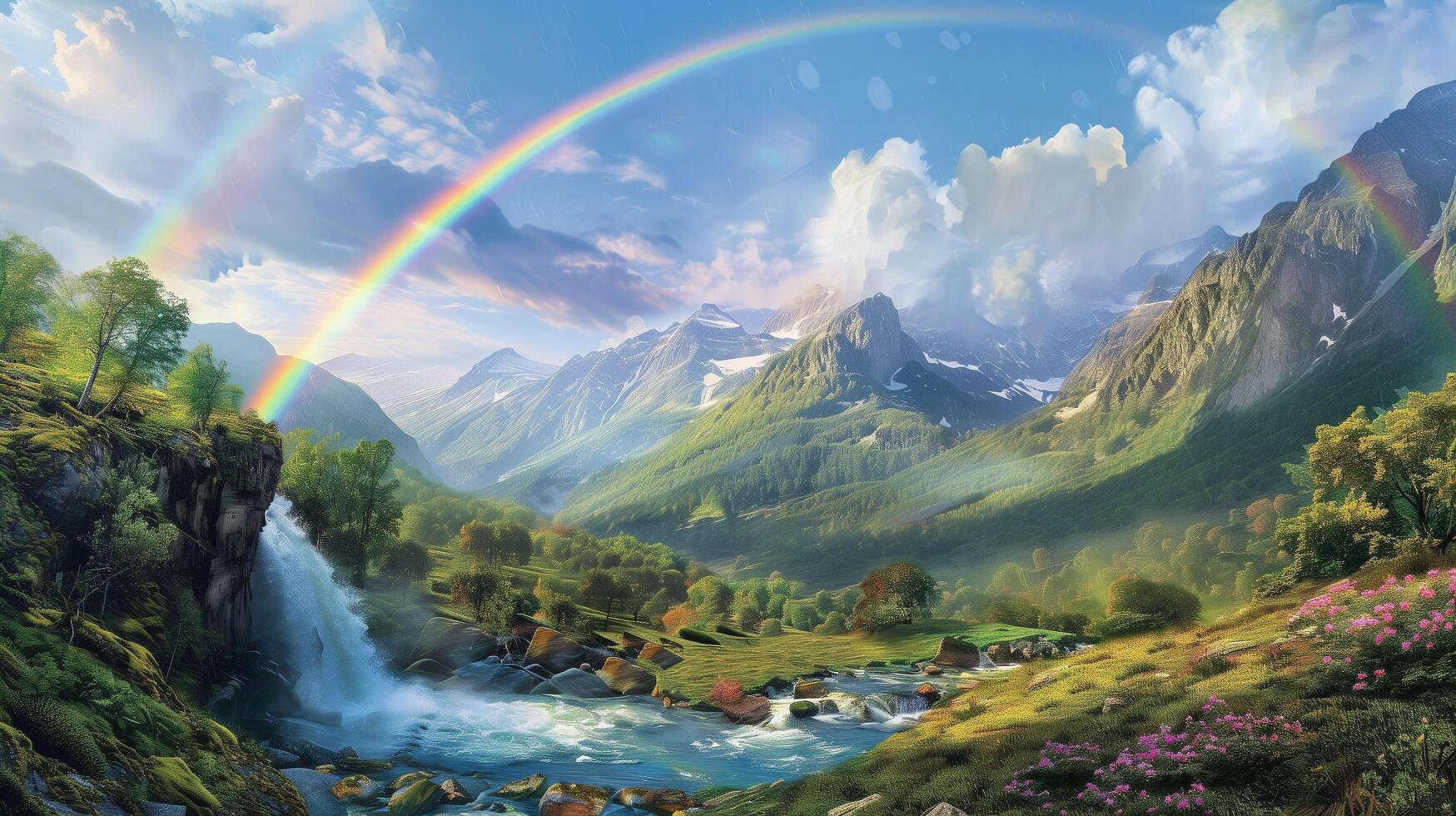 A vibrant rainbow above a flowing river in a verdant photo