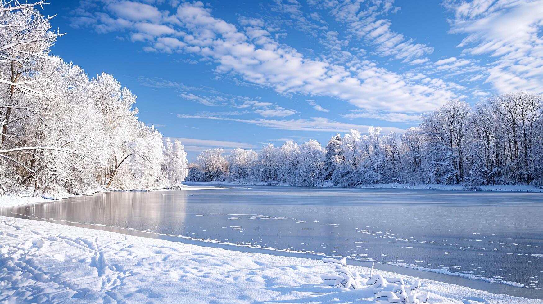 A frozen lake encircles a wintertime natural setting. photo
