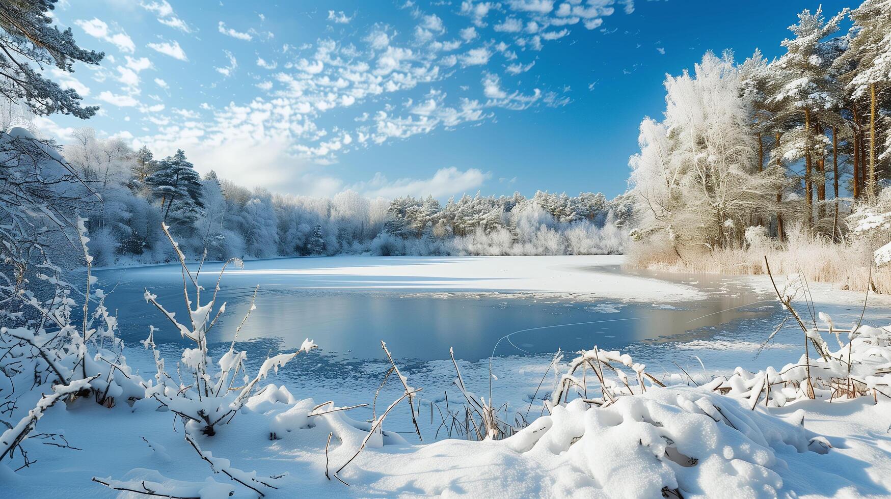 A frozen lake encircles a wintertime natural setting. photo