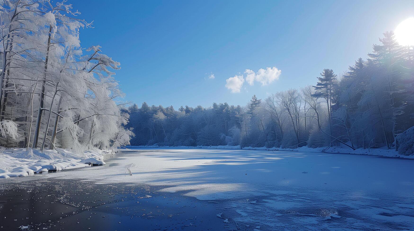 A frozen lake encircles a wintertime natural setting. photo