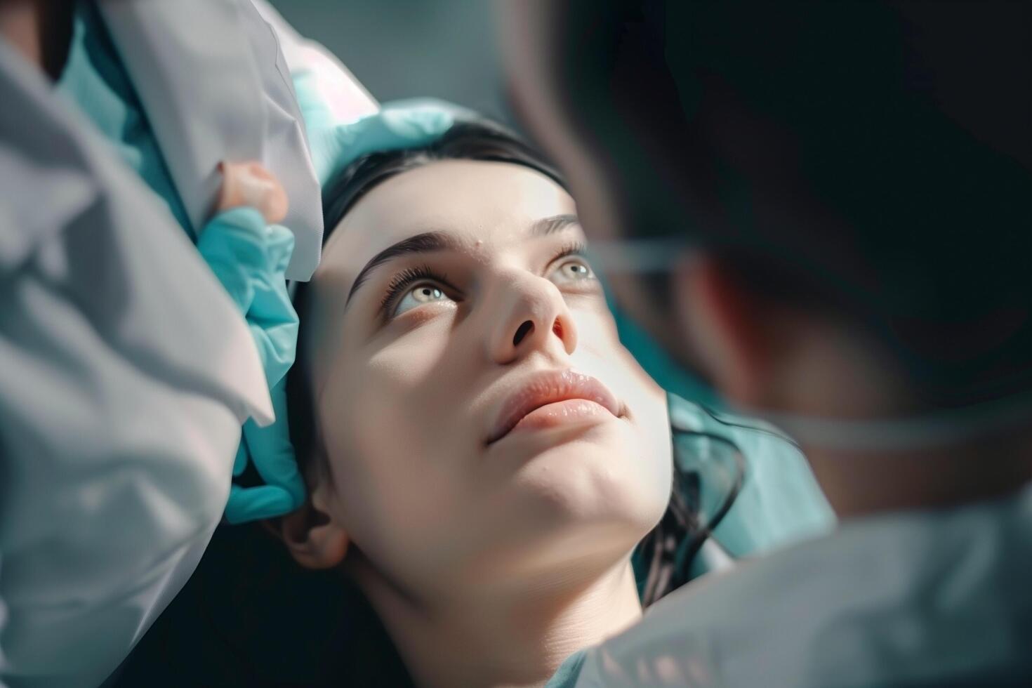 un mujer recepción cara inyecciones y utilizando piel cuidado médico equipo. foto