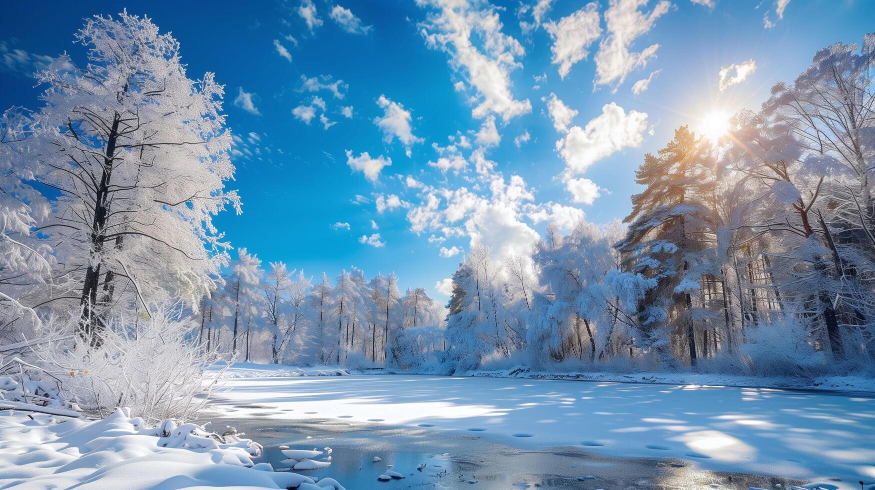 A frozen lake encircles a wintertime natural setting. photo