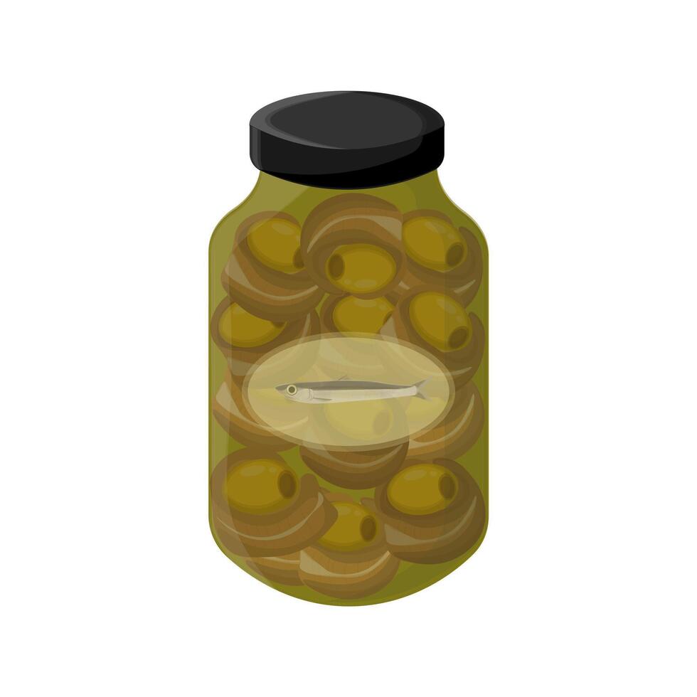 Illustration logo Clip art Anchovies marinated in vinegar with olive oil on a jar vector