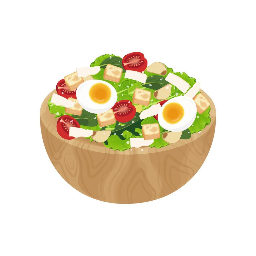 Illustration logo Clip art Caesar Salad on a wooden bowl vector