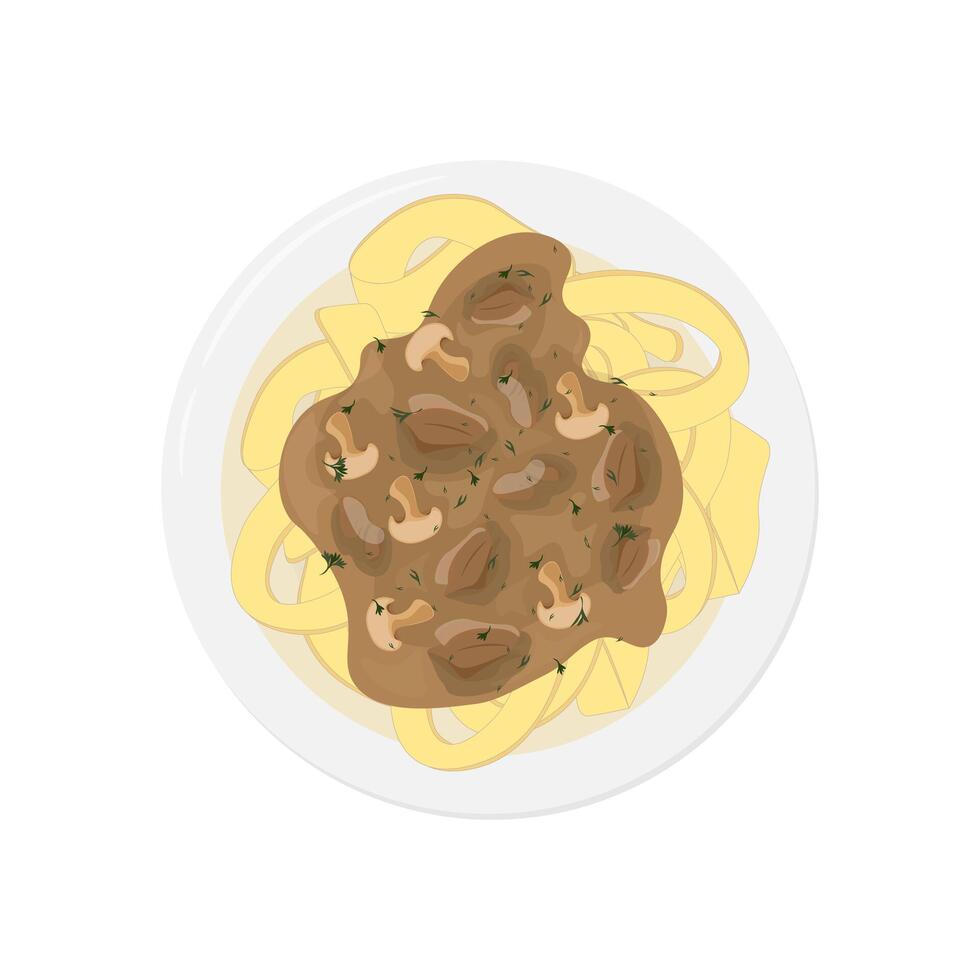 Illustration logo Clip art Top view Beef Stroganoff With mushrooms and pasta vector